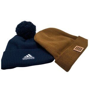Adidas Navy Pom-Pom Beanie & Brown Knit Folded Beanie Set Winter Warmth Unisex S
